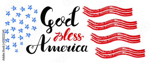 God bless America hand drawn vector lettering with stars and stripes for posters, greeting cards and web banners. Suitable for independence day designs on white background