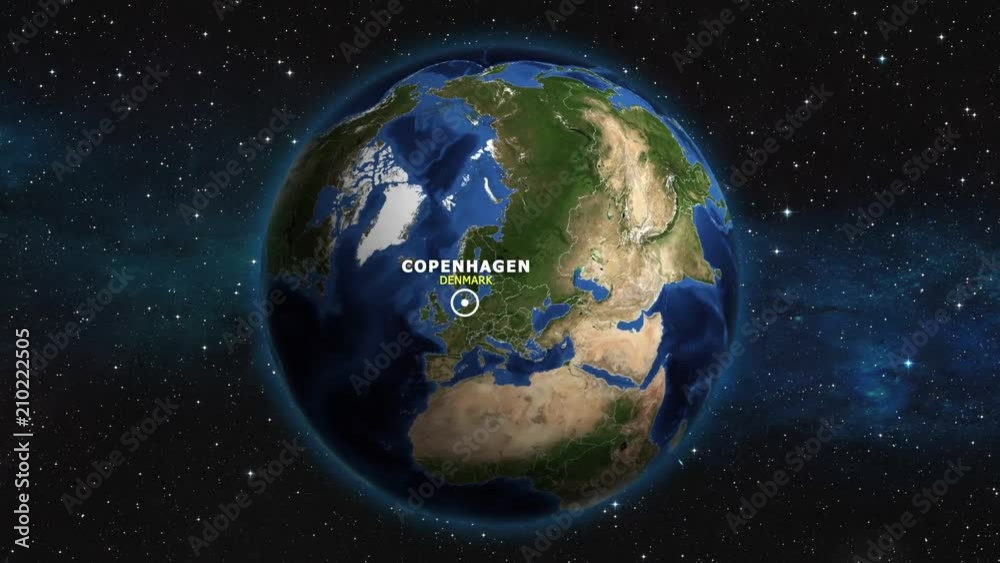 DENMARK COPENHAGEN ZOOM IN FROM SPACE