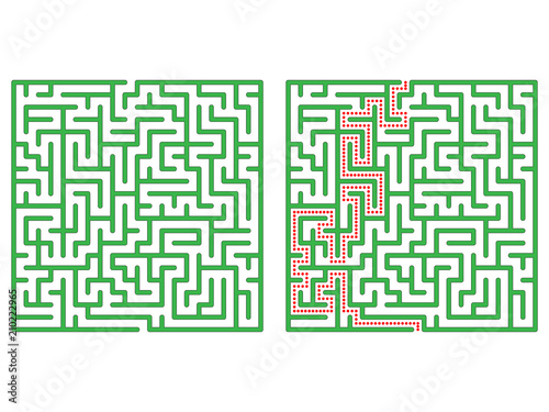 Maze in square. Labyrinth with solution. Maze symbol. Isolated on white background