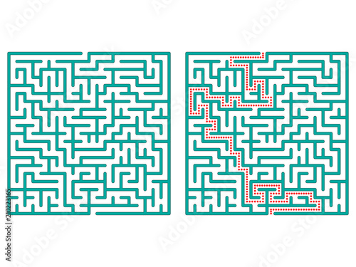 Maze in square. Labyrinth with solution. Maze symbol. Isolated on white background