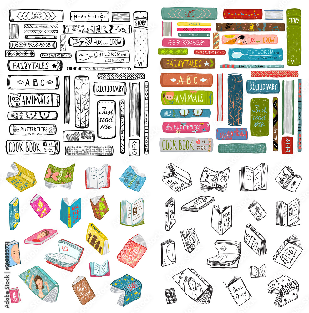 Fototapeta premium Books outline and colored naive style hand drawn bundle. Vector design.
