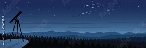 Forest at Night and Space Observation Landscape Scene