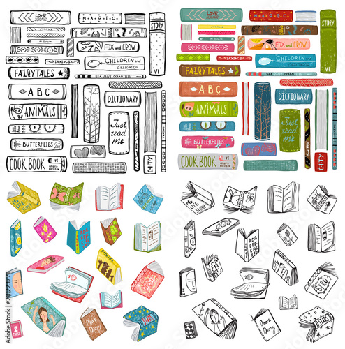 Books outline and colored naive style hand drawn bundle. Vector design.