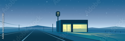 Lonely Road and Restaurant at Night Scene