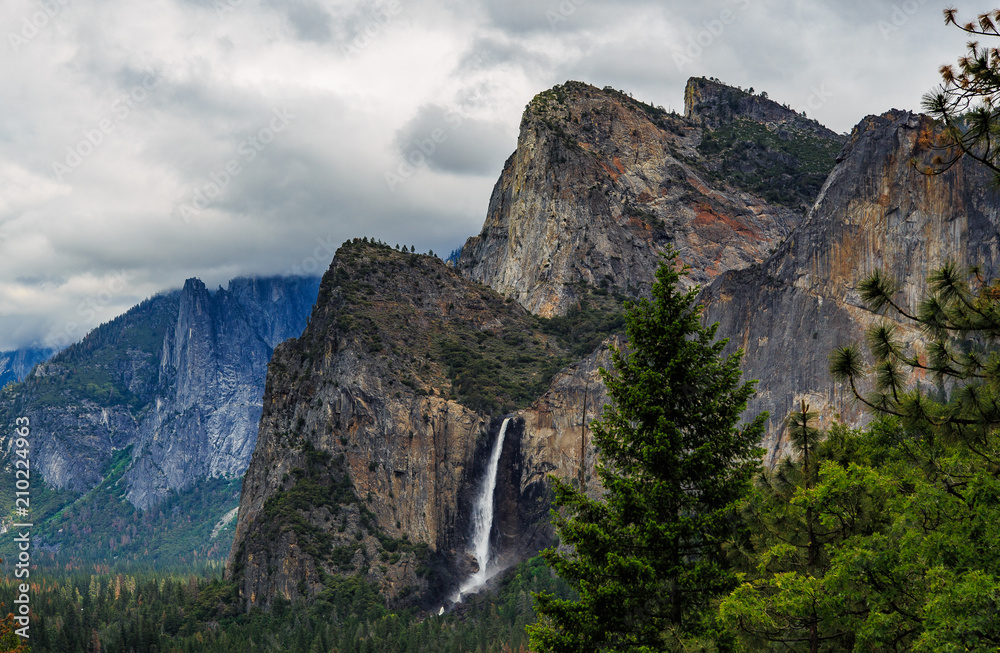 Yosemite falls on cloudy day