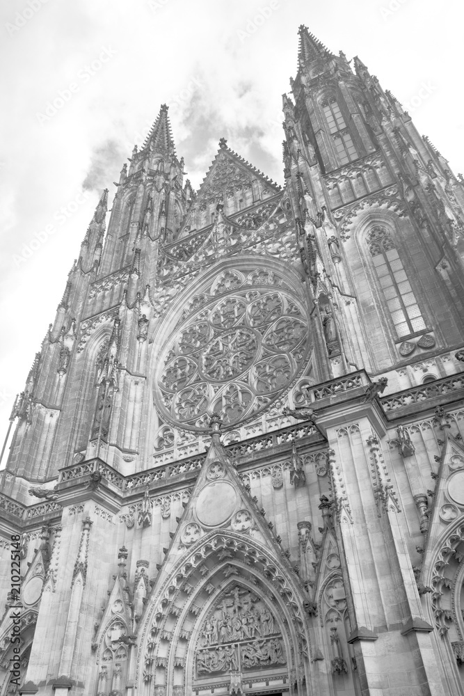 View of St. Vitus Cathedral and in black and white.