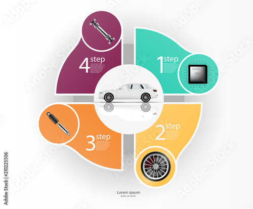 Illustration for car diagnostics. Shock absorber, on-Board computer, wheels, gimbal. Infographics of the car.