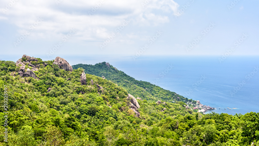 Beautiful nature landscape blue sea at Aow leuk bay under the summer sky from high scenic view point on Koh Tao island is a famous tourist attraction in Surat Thani, Thailand, 16:9 widescreen