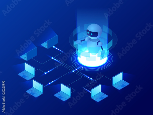 Isometric concept of artificial intelligence controls computers or internet, digital network. Chatbot, video broadcast, stories, SMM promotion, online analytics. Technology web virtual background