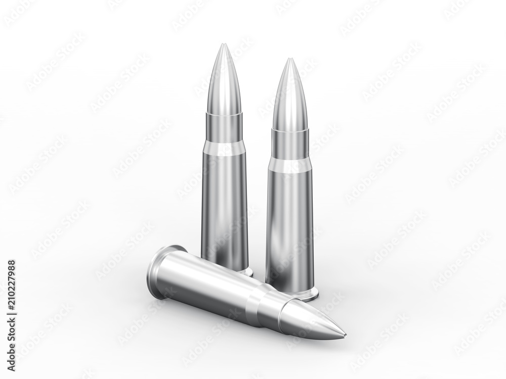3D illustration three silver chrome bullet cartridge 3D illustration three silver chrome bullet cartridge