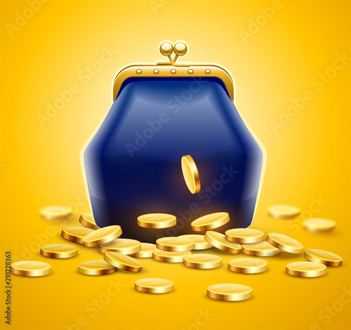 Vintage retro purse for money with gold coins. EPS10 vector