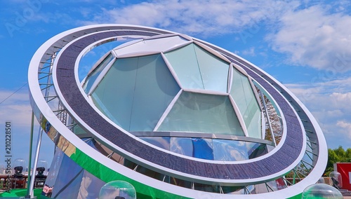 Football fan zone of Russia mundial near famous Russian university, view onto the polyhedral football sphere  photo