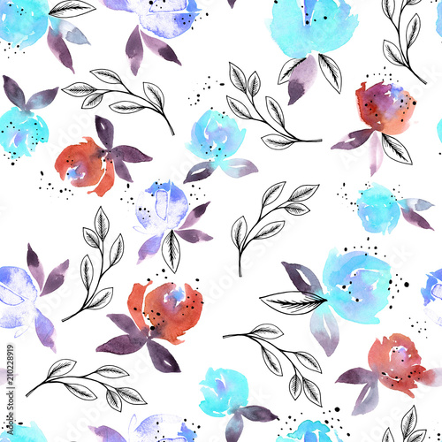 Watercolor flowers. Seamless watercolor floral pattern. For textiles, wrapping paper, cover, fabric, wallpaper. On white background with graphical leaves.