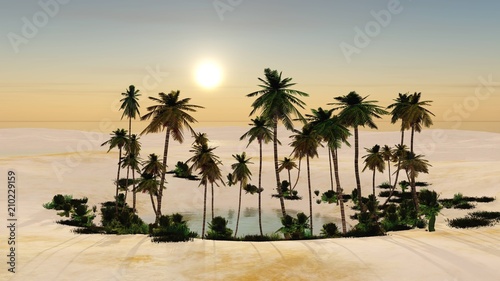 an oasis with palm trees in the sands, a desert with a pond, 3D rendering 
