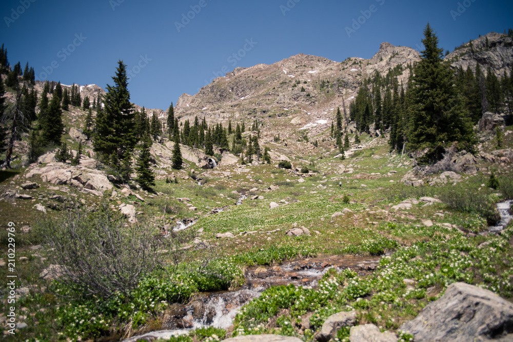 Landscape view of the mountains around Booth Falls Trail near Vail, Colorado. 