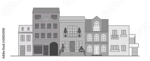 Template of Street landscape with apartment buildings, shops and bars. Flat vector illustration.