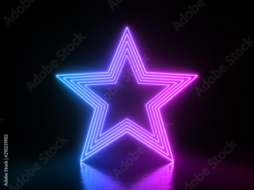 3d render, glowing lines, tunnel, neon lights, virtual reality, abstract background, star portal, arch, pink blue spectrum vibrant colors, laser show