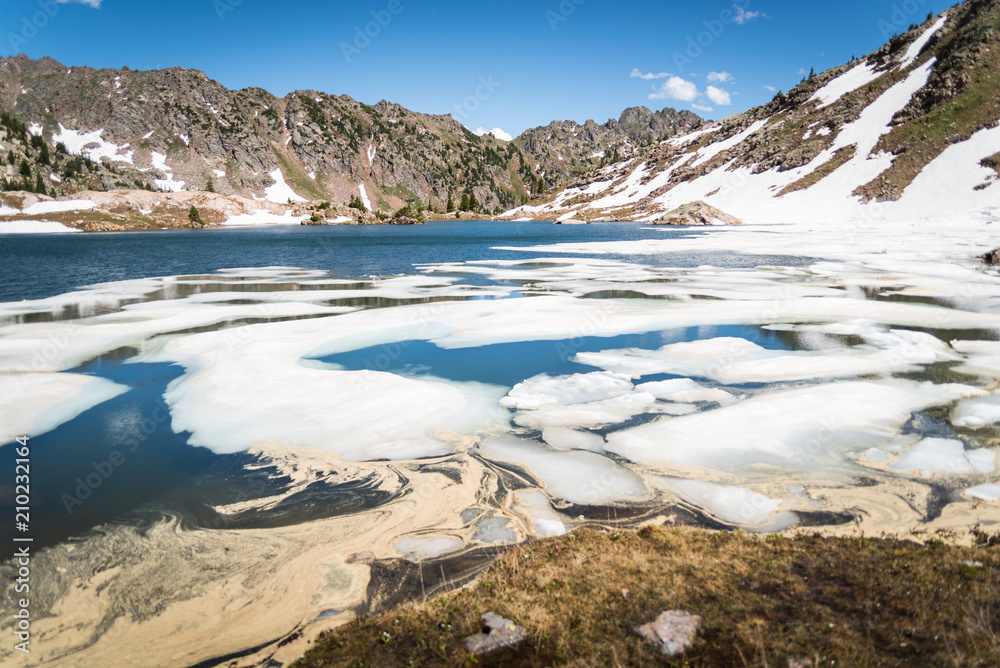 Landscape view of ice melting in Booth Lake near Vail, Colorado. 
