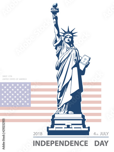 Independence Day, USA. Poster Statue of Liberty, 2018. Flag, New York. National Symbol of America. Illustration, white background. Use presentations, corporate reports, leaflets, postcards, vector