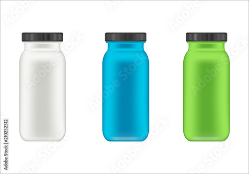 Realistic plastic container for whey protein and gainer. Mockup bottle. Realistic packaging mockup template. Sport bottles for gym bodybuilding. Vector illustrations.