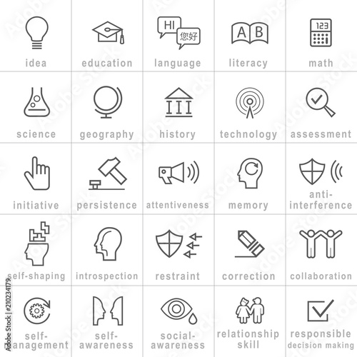 Set of Minimal Black Education Thin Line Icons on White Background . Isolated Vector Elements