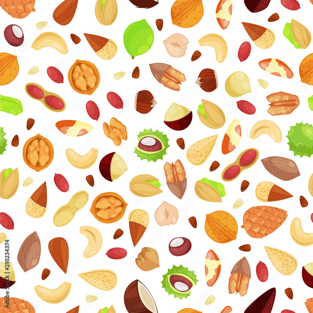 Mixed nuts vector seamless white pattern. Cartoon flat illustration. Textile print background design elements