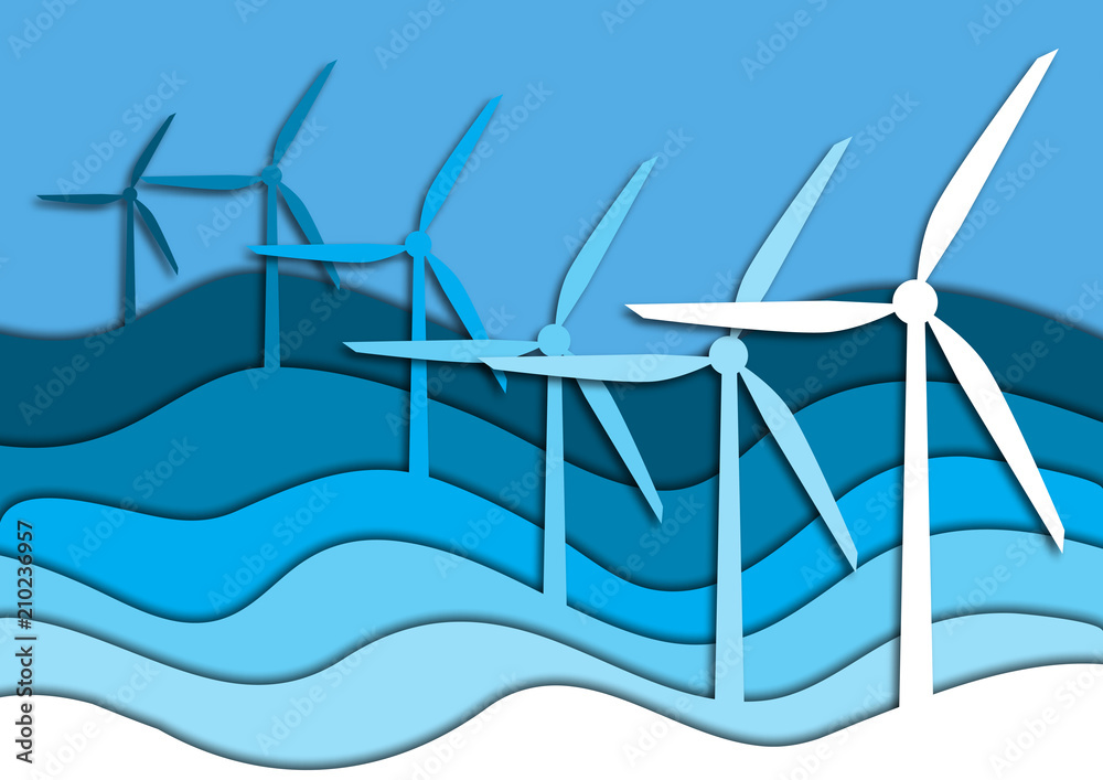 Windmills in the sea or ocean with water waves and blue sky landscape.