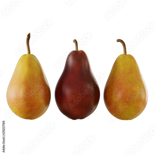 Three pears on a white background a red pear in the middle