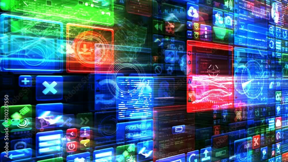 Control panel loop. Abstract digital technology mosaic background. Display of changing windows, and UI elements. Computer screen or HUD. High tech, futuristic, techno user interface. Red, green, blue.