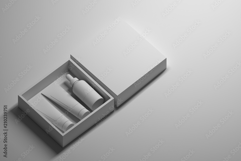 White packaging box filled with cosmetic bottles. Face care make up packaging design. Blank pure white space for text. 3D illustration. White packaging box filled with cosmetic bottles. Face care make up packaging design. Blank pure white space for text. 3D illustration.