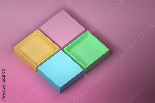 Four square multi-colored branding mock up boxes on pink background. 3D illustration.