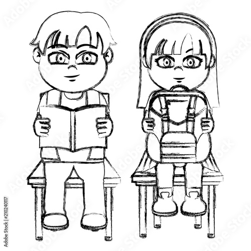 grunge boy and gril sitting chair with utensils