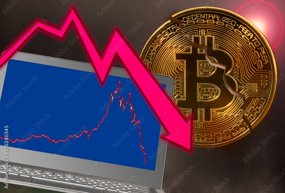 Bitcoin coin cracked in market crash with laptop graph - obrazy, fototapety, plakaty 