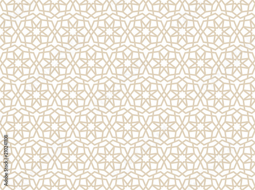 Arabic lace seamless pattern with stars in beige colors. Traditional Islamic girih tiles. Vector Illustration. Background for festive design of Ramadan Kareem, Eid mubarak. All isolated, layered