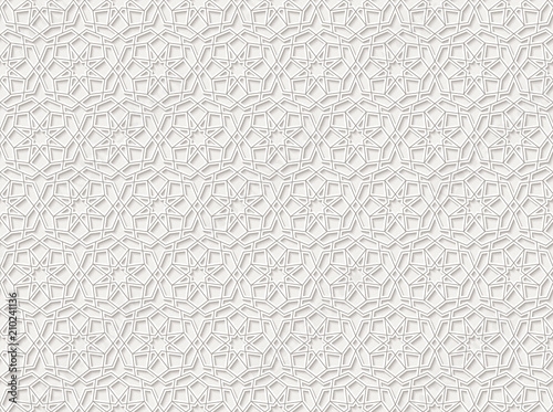 Arabic lace seamless pattern with stars. Traditional Islamic girih tiles on white background. Vector Illustration. Background for festive design of Ramadan Kareem, Eid mubarak. All isolated, layered photo