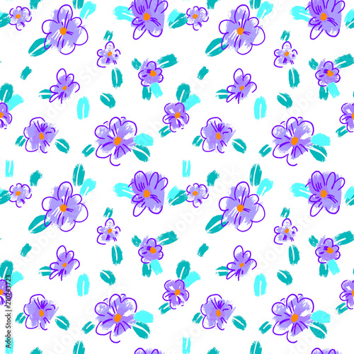 Small violet flowers with leaves seamless hand drawn pattern. Modern grunge texture. Colorful brush painted background.