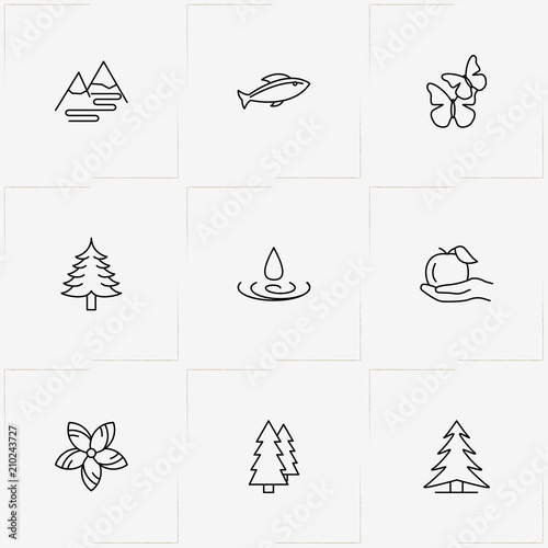 Nature line icon set with water drop, fish and mountain