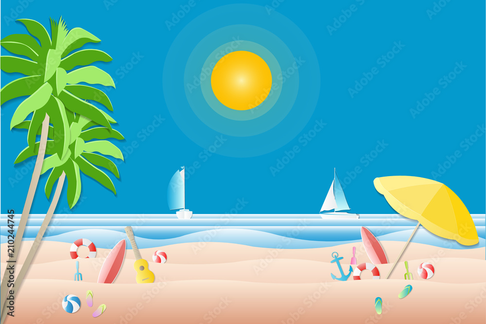 Sailboat on the sea and water play equipment on the beach - surfboard , red ball , umbrellas,life rings and more for relax area on the beach - Illustration