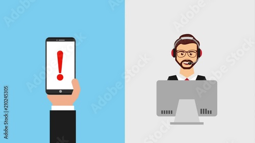 operator in headset with laptop smartphone exclamation mark customer service animation hd