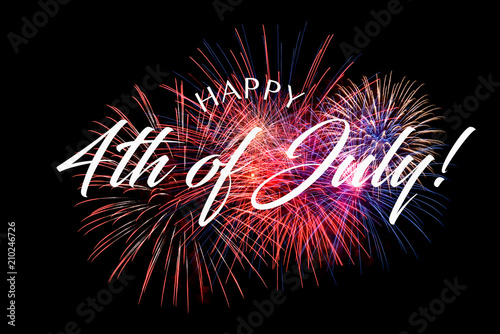 Happy JUly 4th greeting with black background with fireworks
