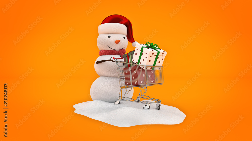 Snowman with santa hat and shopping cart Snowman with santa hat and shopping cart