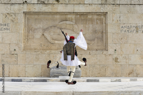 Soldiers of the presidential guard marching in front of the monument of the Unknown Soldier in Athens, Greece.