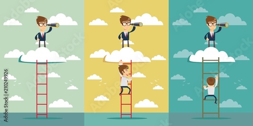 Business leadership concept with businessman standing on a ladder going throught the cloud and looking to future with telescope. Stock flat vector illustration. Set