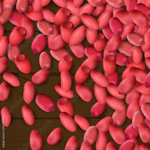 Arachis or peanuts background with red scattered nuts and beans