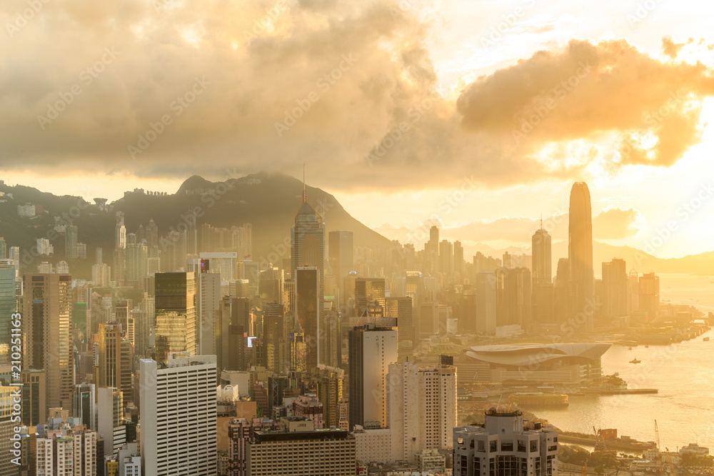 cityscape skyline at sunset in Hong Kong