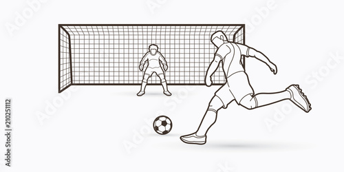 Soccer player kicking ball with Goalkeeper standing action outline graphic vector.