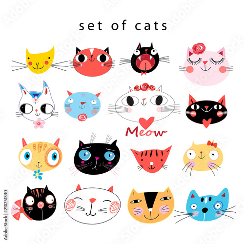 Vector bright set of funny portraits of cats