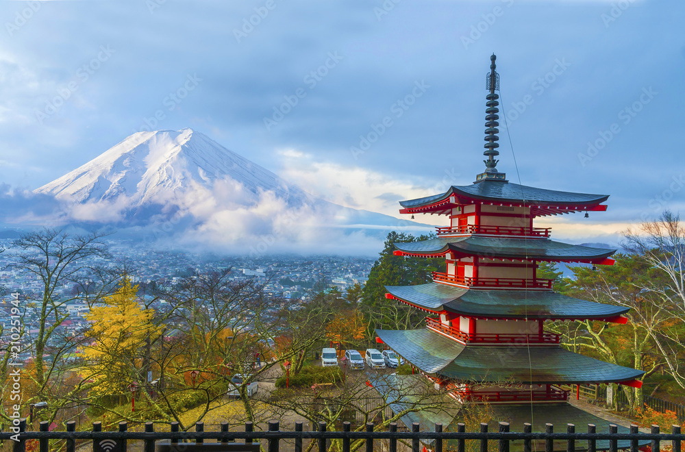 Mt. Fuji with red pagoda in autumn at Fujiyoshida, Japan. Chureito Pagoda is one of the most famous travel destination to visit.