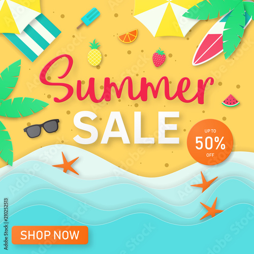 Template of summer party poster on the beach.Paper cut style. vector illustration
