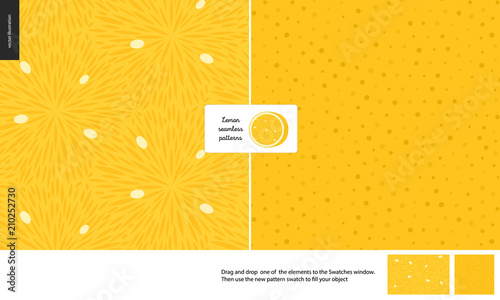 Food patterns, summer - fruit, lemon texture, small half of lemon image in the center -two seamless patterns of lemon sour pulp full of white seeds and yellow rind with little holes, yellow background